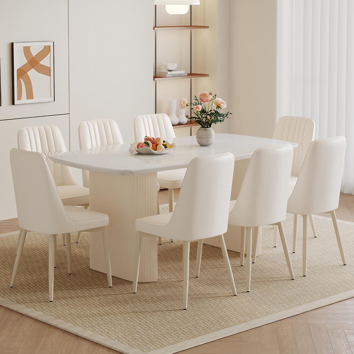 Ebullient 67" White Dining Table Set for 8, 9 Piece Kitchen Table & Chairs | Marble-Look Top, Ripple Pedestal Base, 8 Cream White Chairs; Easy 4-Screw Setup; Easy-Clean Surface for Family Dining at Home