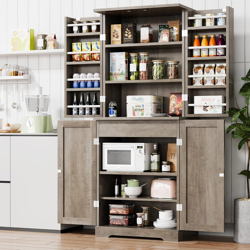 Vongrasig Kitchen Pantry Storage Cabinet with Barn Doors, Drawer and Adjustab...