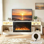 MXV Fireplace TV Stand with 36'' Electric Fireplace Up to 90" TVs, LED Light Entertainment Center, Modern Wood Texture Entertainment Stand with Highlight Storage Cabinet, White-Black1