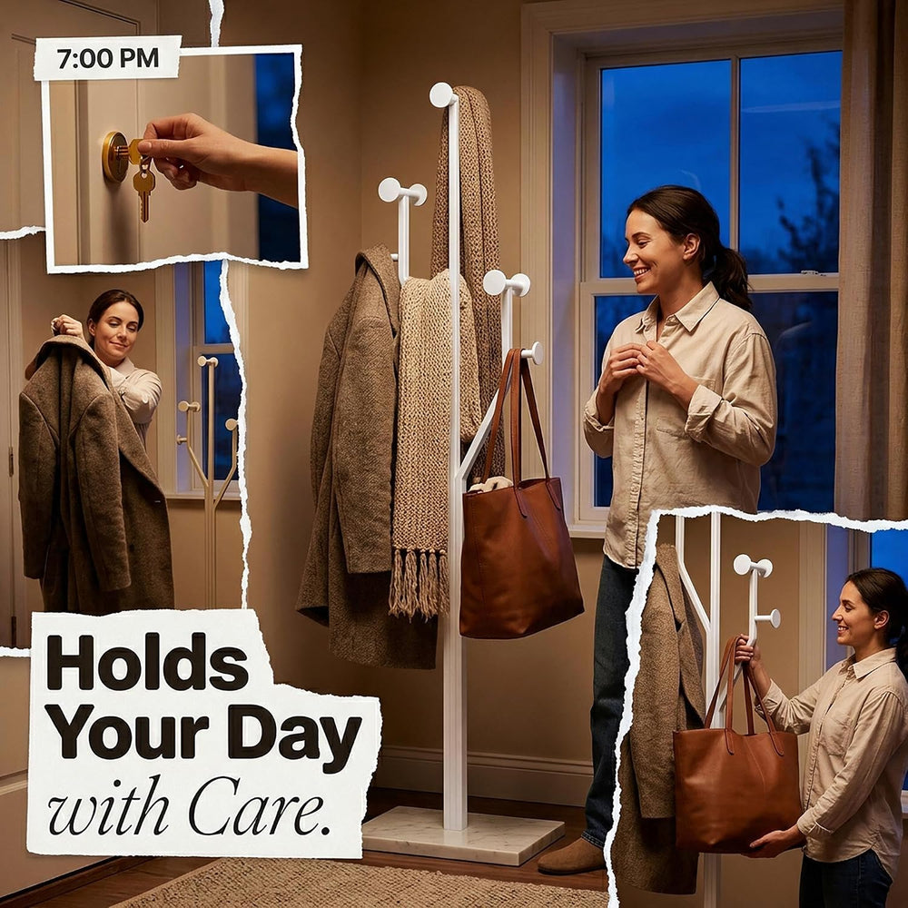 Modern White Coat Racks Freestanding with 8 Hooks, Coat Tree for Entryway