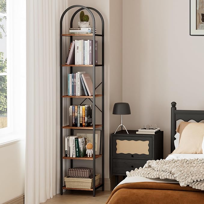 Homhedy 6-Tier Narrow Bookshelf Arched Display Racks, Wood and Metal Bookcase, Tall Bookshelf, Industrial Display Standing Shelf Unit, for Home Office, Living Room, Bedroom, Bathroom