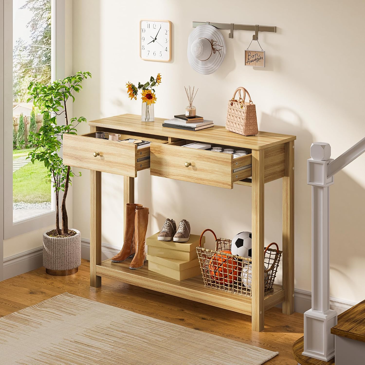 Gizoon 2 Drawer Console Table, Oak Color | 2-Tier Wood Entryway Table with Storage Shelves, 39" W Wood Accent Sofa Table for Front Hall, Hallway, Living Room