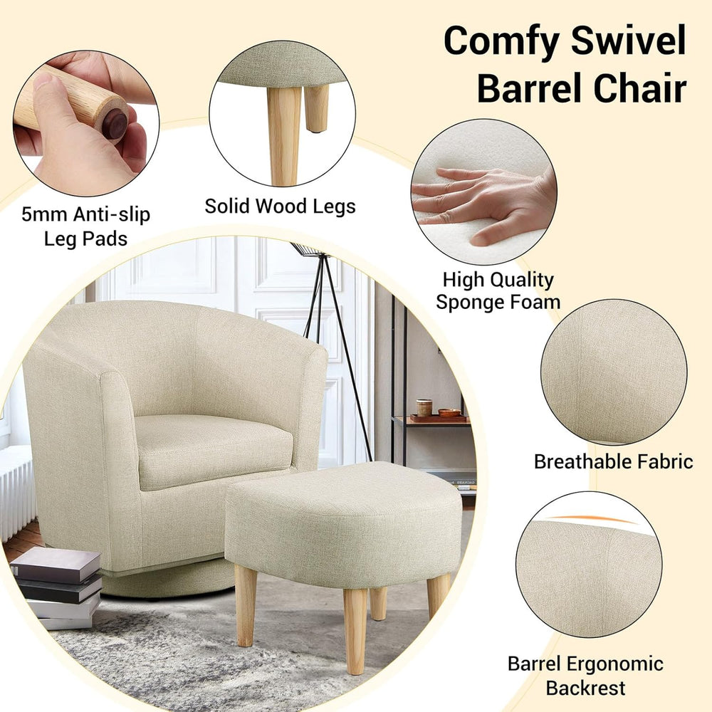 DAZONE Beige Swivel Accent Chair with Ottoman, Comfy Barrel Armchair for Smal...