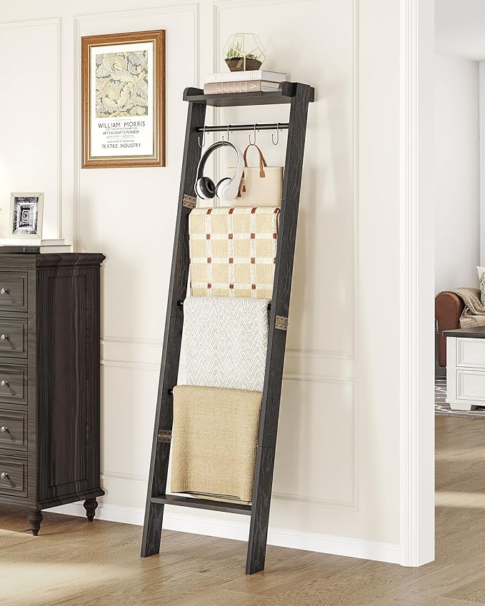 Blanket Ladder Shelf for Living Room, Decorative Quilt Rack with Storage Shelf, 6-Tier Farmhouse Ladder Holder Organizer with 4 Removable Hooks for Bedroom, Black BR35804B