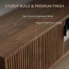 70" Fluted TV Stand for TVs up to 75 inch, Mid Century Modern Entertainment Center with 2 Hinged Doors & Open Shelves, Boho Media Console with Adjustable Shelves for Living Room, Walnut