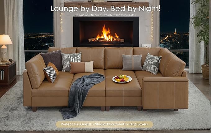 SITJOY 118" Faux Leather Modular Sectional Sofa with Storage, Mid Century Modern Sectional Couches for Living Room, 6 Seater V Shaped Couch with Chaise, Brown