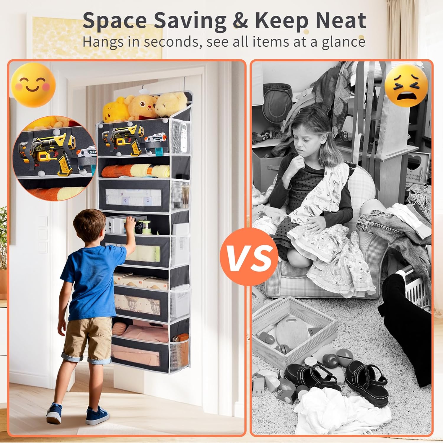 Over the Door Organizer, Large Capacity 5 Shelfs Hanging Door Organizer with Pockets and DIY Slots for Toys, Shoes, Diapers, Clothes, Behind Door Storage for Closet Wall Bedroom Nursery Pantry, Gray