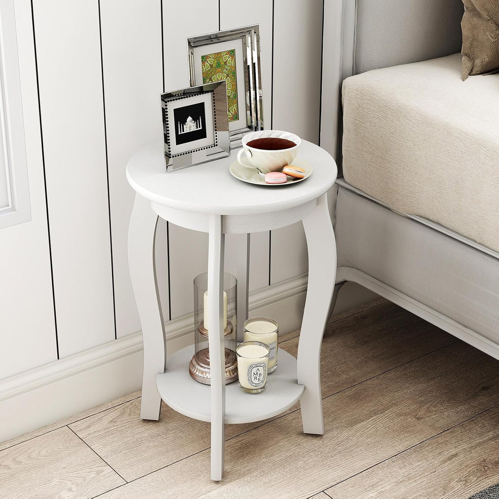 GOFLAME 2-Tier Round End Table Set of 2, Mid-Century Modern Sofa Side Table with Storage Shelf, Solid Wood Legs, Compact Accent Table, Nightstand for Living Room, Bedroom, Small Space, White