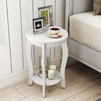 GOFLAME 2-Tier Round End Table Set of 2, Mid-Century Modern Sofa Side Table with Storage Shelf, Solid Wood Legs, Compact Accent Table, Nightstand for Living Room, Bedroom, Small Space, White
