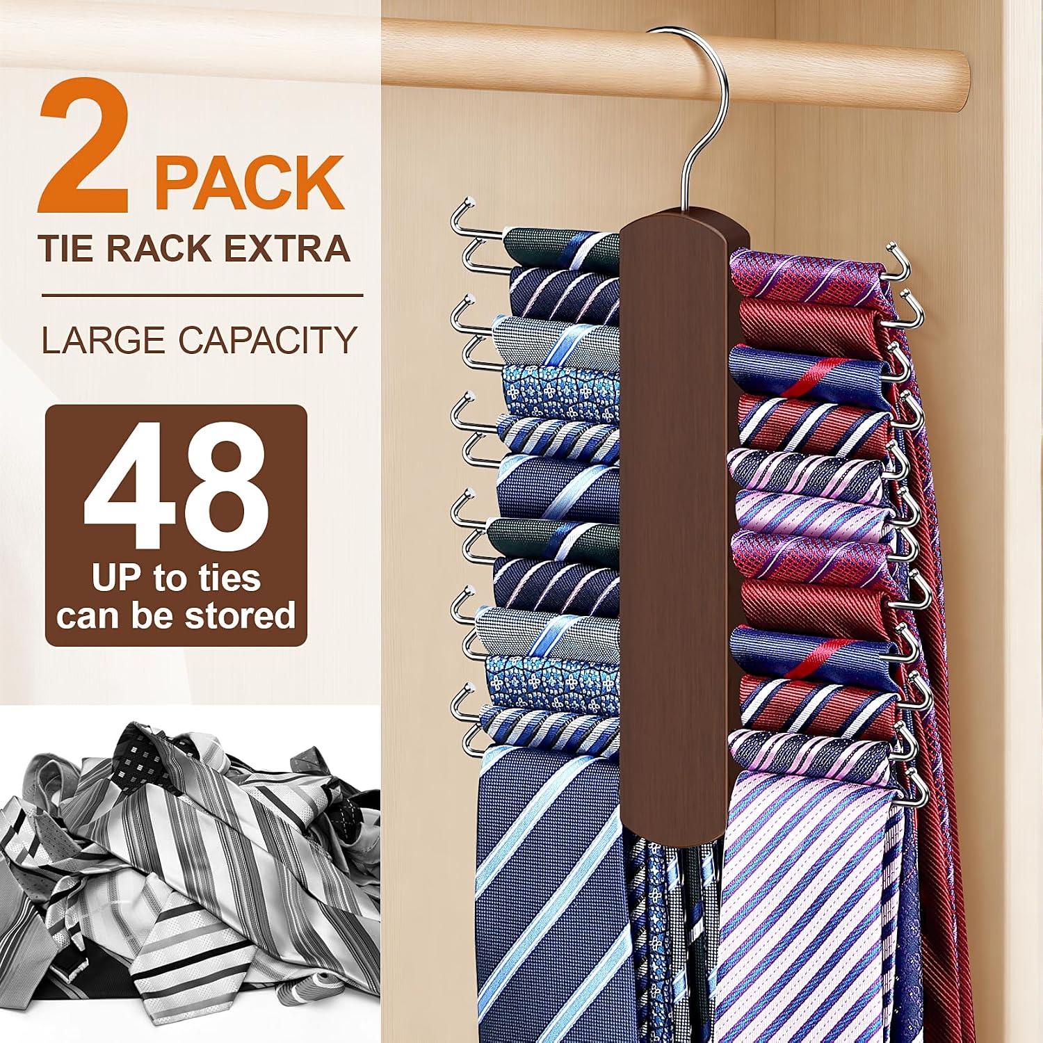 Tie Rack with 48 Hooks, Large Capacity Tie Hanger for Closet Organizers and Storage,Space Saving Wooden Necktie Hanger Ties Organizer for Men - 2 Pack