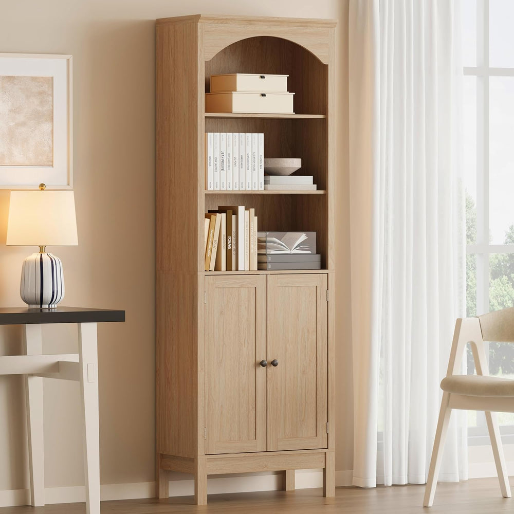 Arched Bookshelf,3 Tier Tall Bookcase with Adjustable Shelves and Cabinet