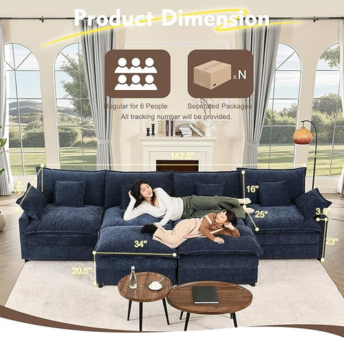 142.5" U Shaped Couch, Modular Sectional Sofa, 3-Seater Comfy Cloud Couch, Set of Modular Pieces with Movable Ottoman, Deep Seat Couches for Living Room, Chenille, Navy