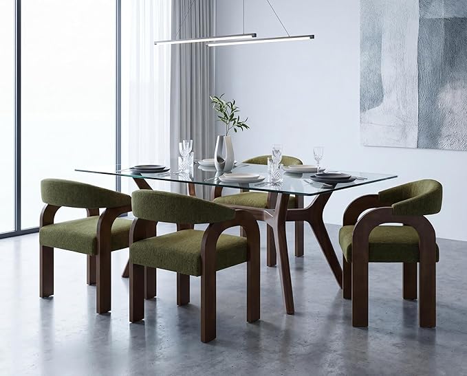 Farmhouse Dining Chairs Set of 4 - Upholstered Armchairs with Chenille Cushions & Curved Wooden Arms, Barrel Wood Kitchen Chairs for Dining Room/Cafe/Kitchen Island (Sage Green)