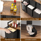 HOMEIJU Laundry Basket with Wheels, Rolling Laundry Hamper Organizer with Large Desktop, Laundry Sorter with 6 Pull-Out and Removable Laundry Bags, Metal Frame, Rustic Brown and Black