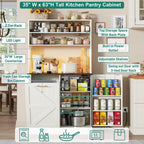 63" H Pantry Cabinets with 10 Gallon Trash Can,Led Light,Outlet,35" W Kitchen Hutch with Tilt Out Trash Can Cabinet,Farmhouse Cupboard with Large Countertop for Living Room,Dining Room,Antique White