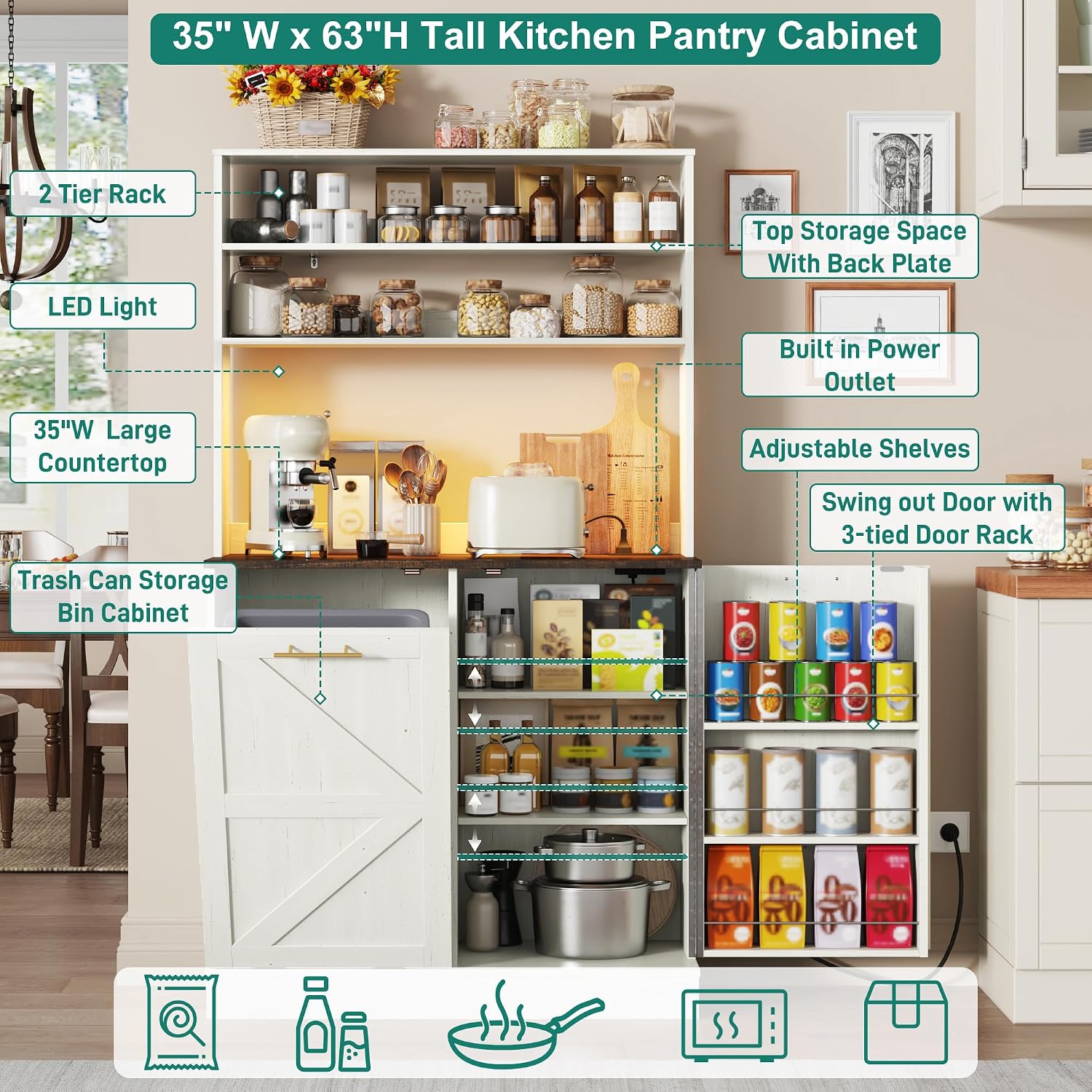 63" H Pantry Cabinets with 10 Gallon Trash Can,Led Light,Outlet,35" W Kitchen Hutch with Tilt Out Trash Can Cabinet,Farmhouse Cupboard with Large Countertop for Living Room,Dining Room,Antique White