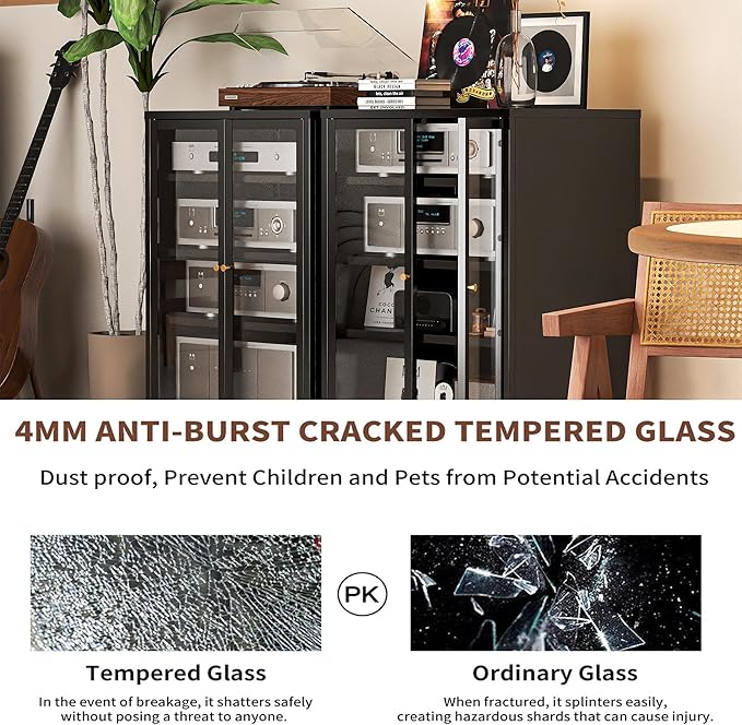 Heavy Duty 4-Tier Media Cabinet, Audio-Video Media Stand with Tempered Glass Doors, Metal Stereo Cabinets with 3 Adjustable Shelves, Storage Cabinet for Entertainment Stereo Component