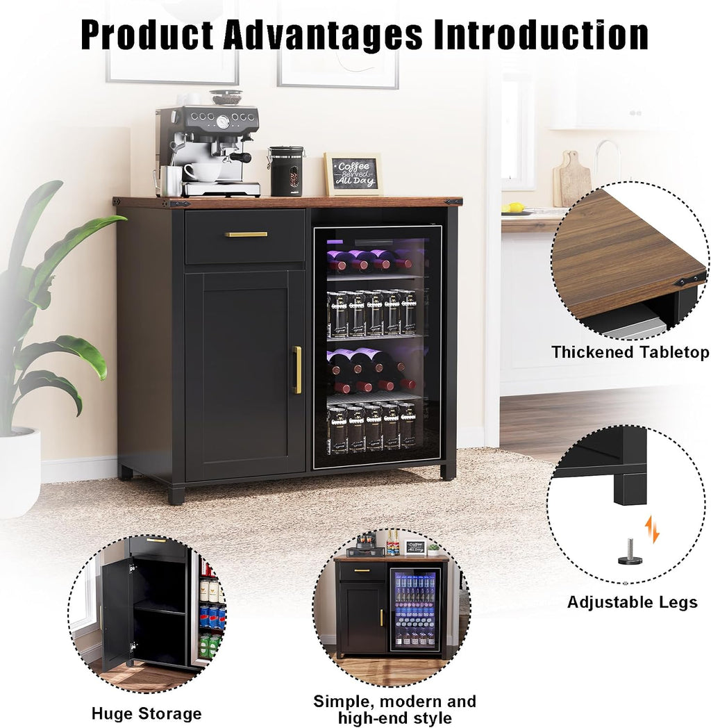 GDLF Coffee Bar Cabinet with Fridge Space, Mini Fridge Stand,Black | Compact Refrigerator Stand, Large Drawer & Cabinet, Black Finish with Warm Brown Top for Kitchen, Office, Dorm & Snack Bar