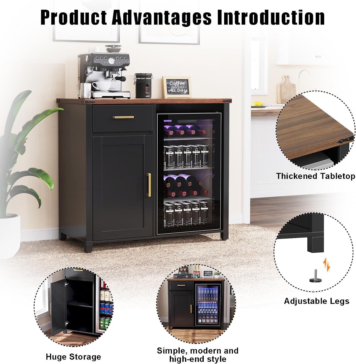 GDLF Coffee Bar Cabinet with Fridge Space, Mini Fridge Stand,Black | Compact Refrigerator Stand, Large Drawer & Cabinet, Black Finish with Warm Brown Top for Kitchen, Office, Dorm & Snack Bar