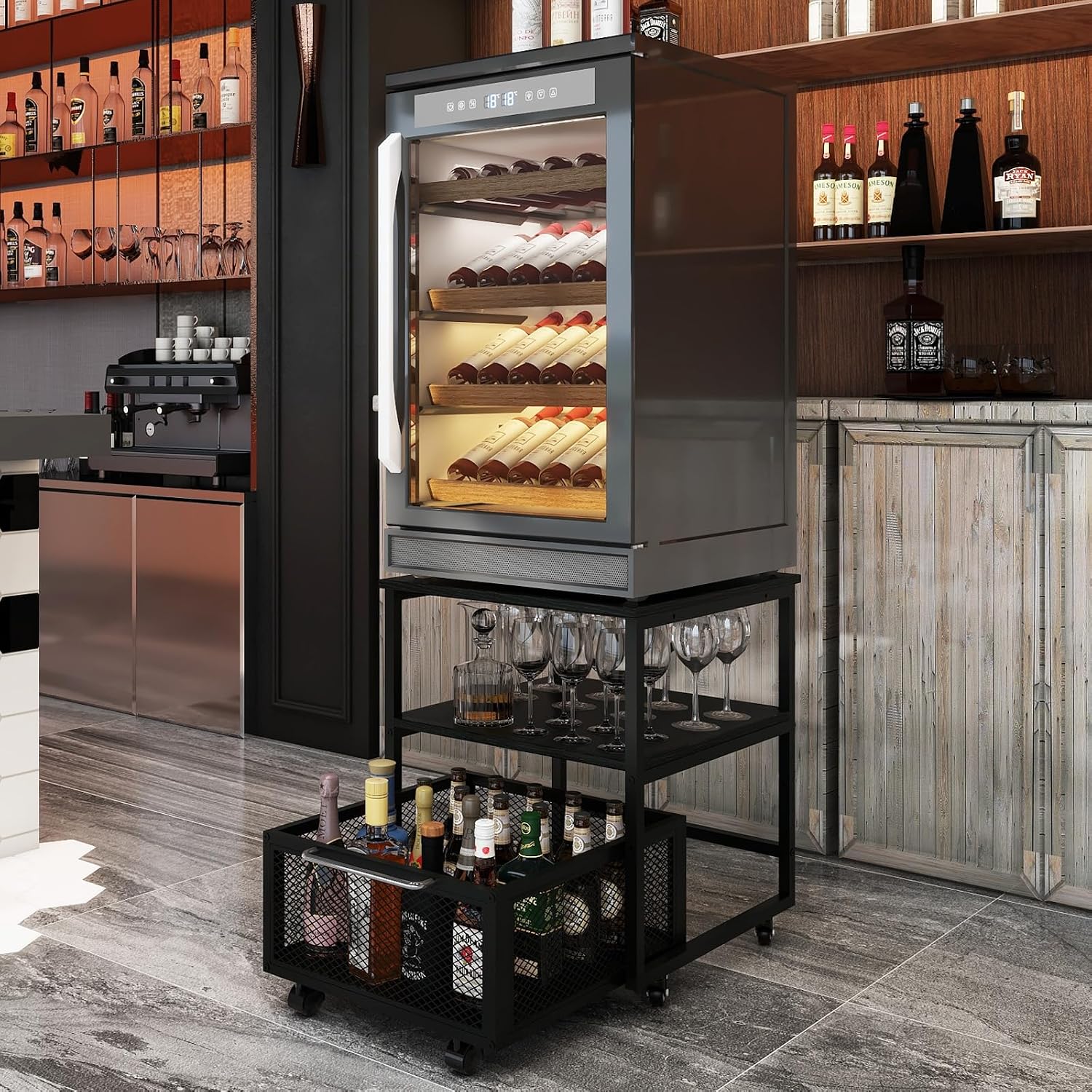 PUNCIA 19.7"x19.7" Mini Fridge Stand 3-Tier Beverage Fridge Table, Black | 220-LB Capacity Beverage Refrigerator Table, Heavy Duty Rolling Organizer with Drawers for Dorm Apartment Office Bedroom
