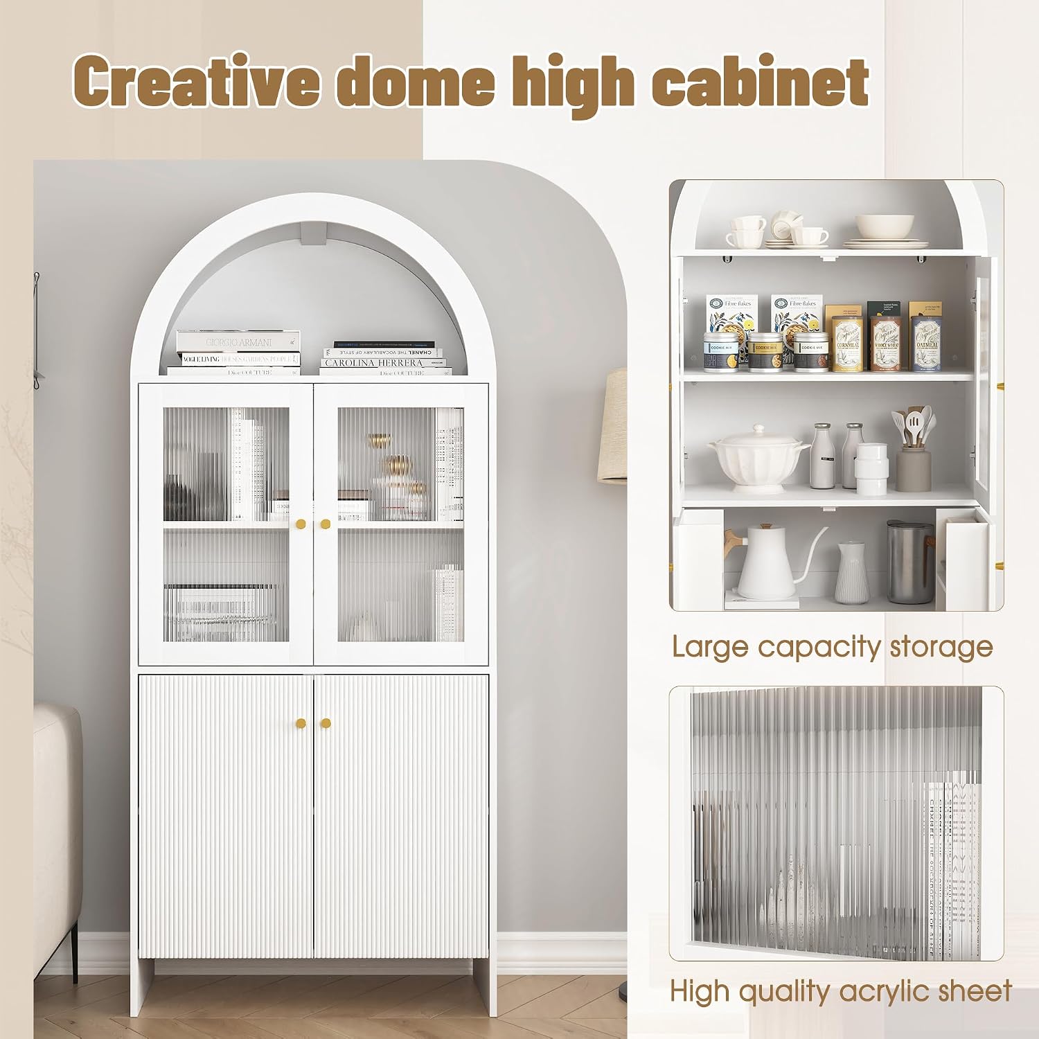 69" LED Tall Arched Kitchen Pantry Cabinet, Wood Kitchen Storage Hutch with 2 Large Drawers and Adjustable Shelves, Glass Dome Cupboard for Dining Room, Bathroom，Livingroom