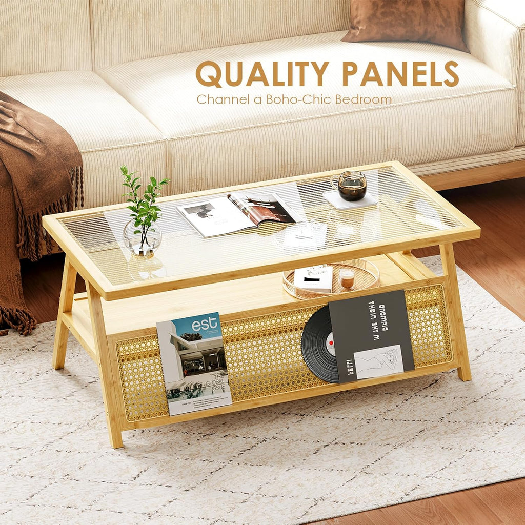 Bamworld Coffee Table with Storage Mid-Century Modern Coffee Table Boho | BambooTable with Glass Top for Living Room Office