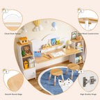 Betterhood Kids Study Desk and Chair Set with Storage, Student Study Desk, Children Study Table and Chair Set, Kids Study Desk with Bookshelves and 2 Stools, Ages 3-8, Boys, Girls, Toddler, Bedroom