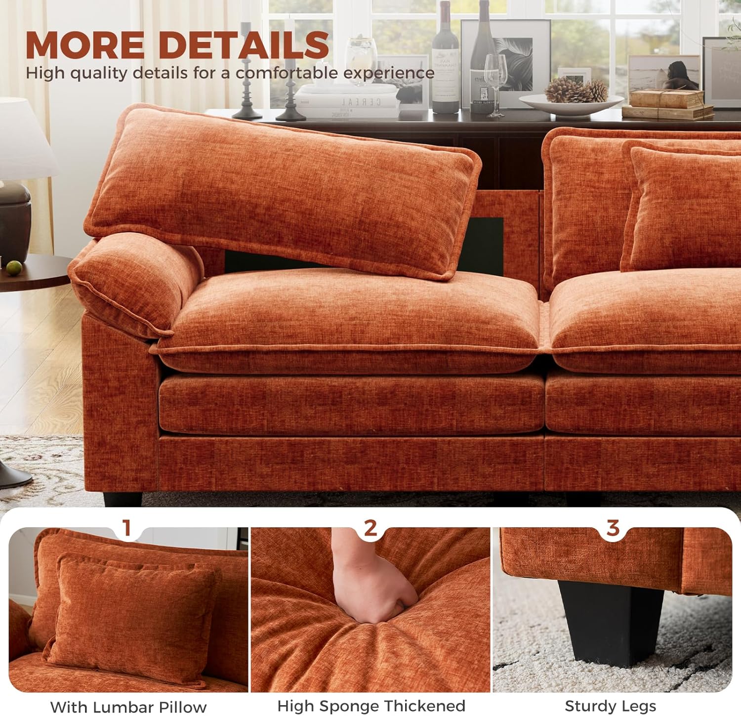 120" Oversized Modular Sectional Sofa, Comfy U-Shaped Cloud Couch w/ 2 Movable Ottoman, 5-Seater Chenille Deep Seat Modern Sofa Couch for Living Room, DIY Combination, Terracotta Orange