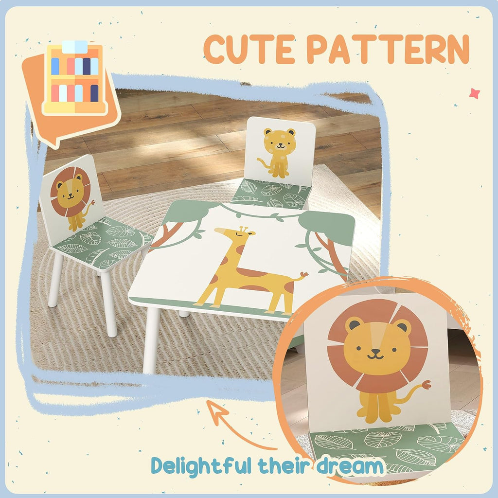 Qaba 3-Piece Toddler Table and Chair Set Animal Pattern Aged 3-8 Green | Kids Table and Chairs Set Furniture, Boys and Girls, Bedroom, Nursery, Playroom