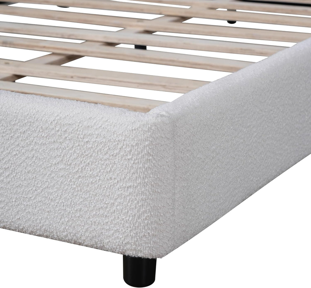 Queen Bed Frame, White Boucle Upholstered Curved Arch Headboard