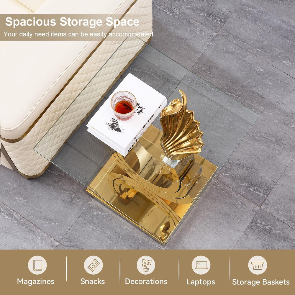 Gold Glass End Table, Modern 22.8" Square Sofa Side Table for Living Roo...