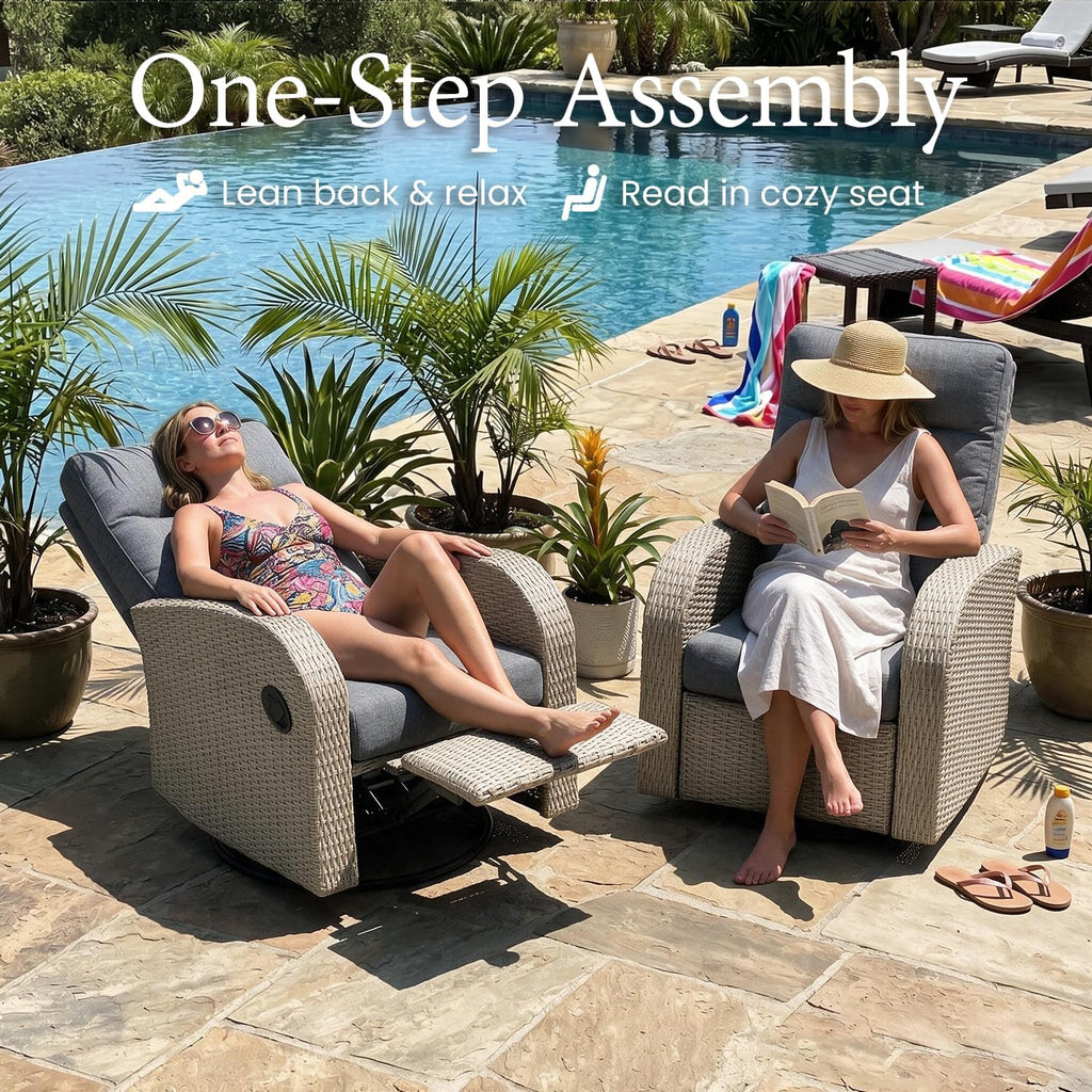 Oversized Wicker Outdoor Swivel Glider Recliner with Adjustable Backrest & Footrest, Patio Reclining Lounge Chair