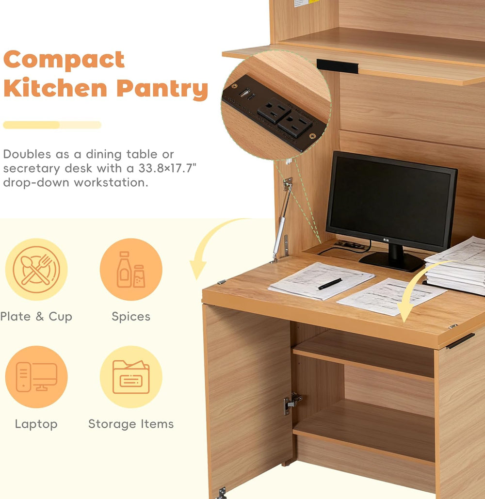 69'' Tall Kitchen Pantry Cabinet with Foldable Workstation, Kitchen F...