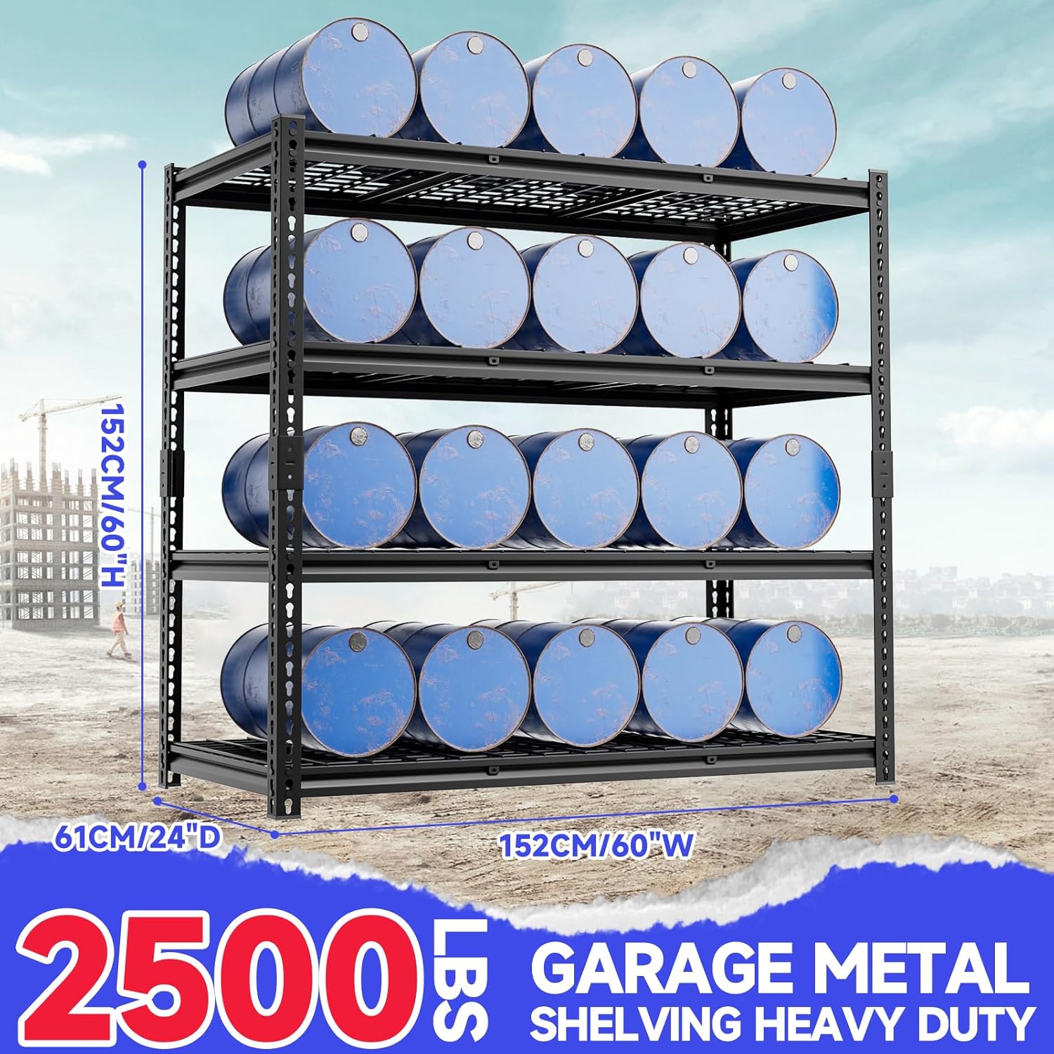 4-Tier 60" W X 24" D X 60" H Garage Shelves 2500LBS Heavy Duty Shelving Adjustable Basement Storage Garage Shelf Metal Storage Rack Units Industrial Shelving