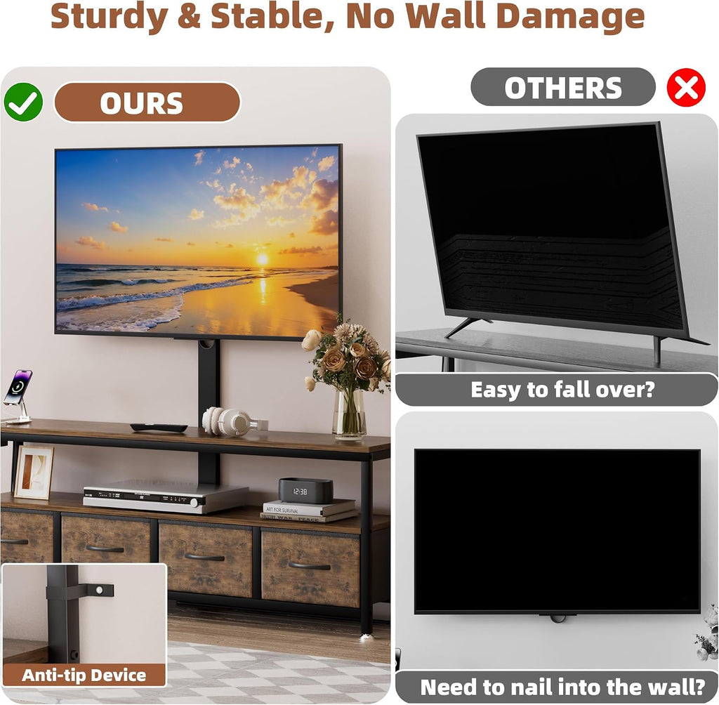 JUSTOGO TV Stand with Mount & Power Outlet for 32-70 Inch TVs, Rustic Brown | TV Console with Drawers & Led Lights, AC Outlets & USB Ports, For Living Room, Bedroom, Height Adjustable, Swivel TV Cabinet