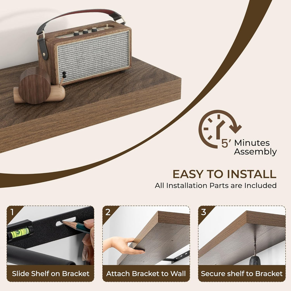 RICHFOCUS 24Inch Floating Shelves for Wall 2 Pack Shelves for Bedroom|Kitchen|Bathroom Wall Mounted Rustic Wood Floating Shelf with Invisible Brackets for Books|Storage|Decor, Walnut