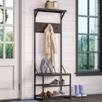 RiverRidge Afton Hall Tree, Black Metal Frame and Weathered Woodgrain | Entryway Organizer with Shoe Rack, Bench Seat, Coat Hooks, Top Display Storage Shelf