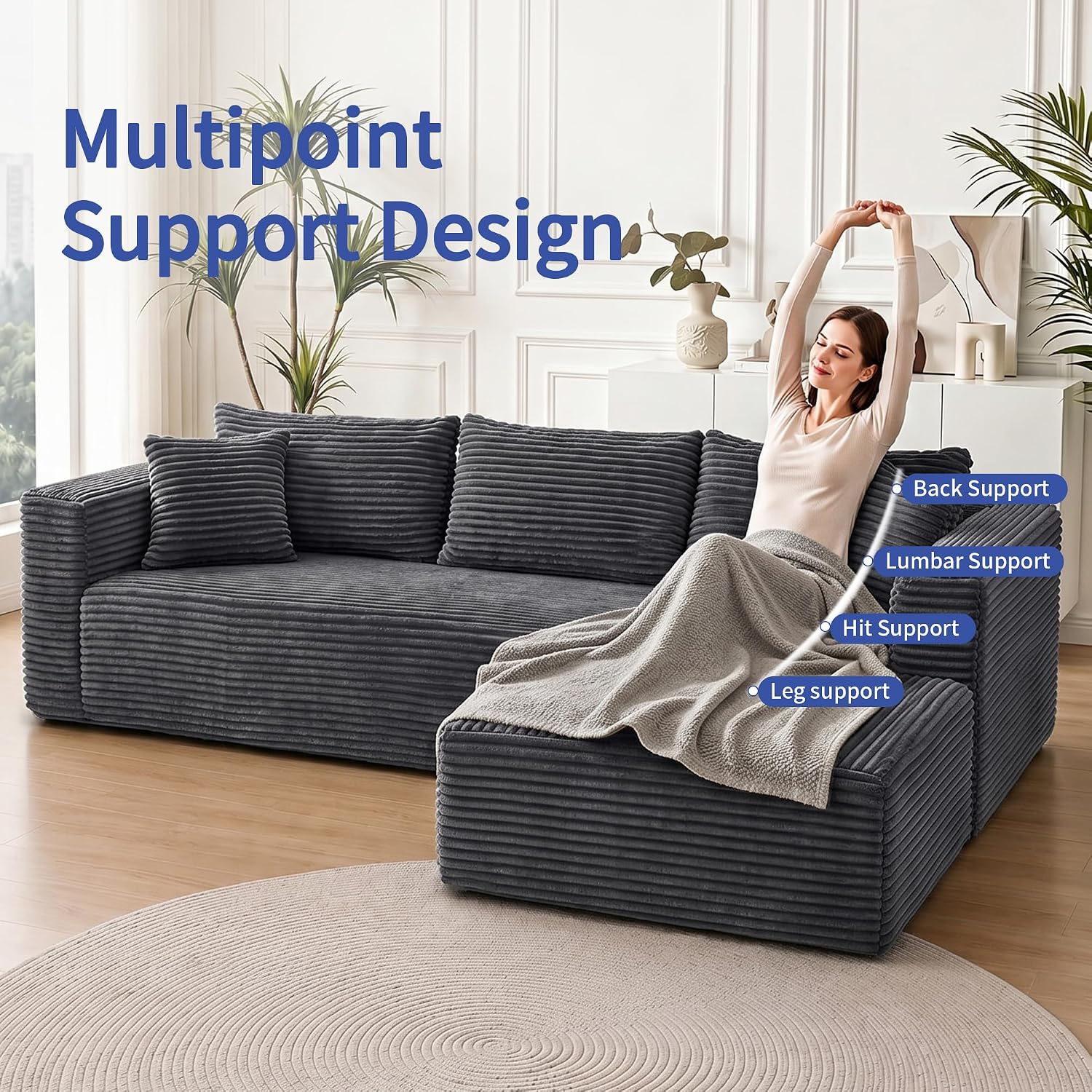 Grey Oversized Sectional Boneless Couch for Living Room. Right Face Chaise | L shaped modular sofa, Cloud soft cushion with foam, Breathable pet-friendly, Side storage pocket, No assembly required.