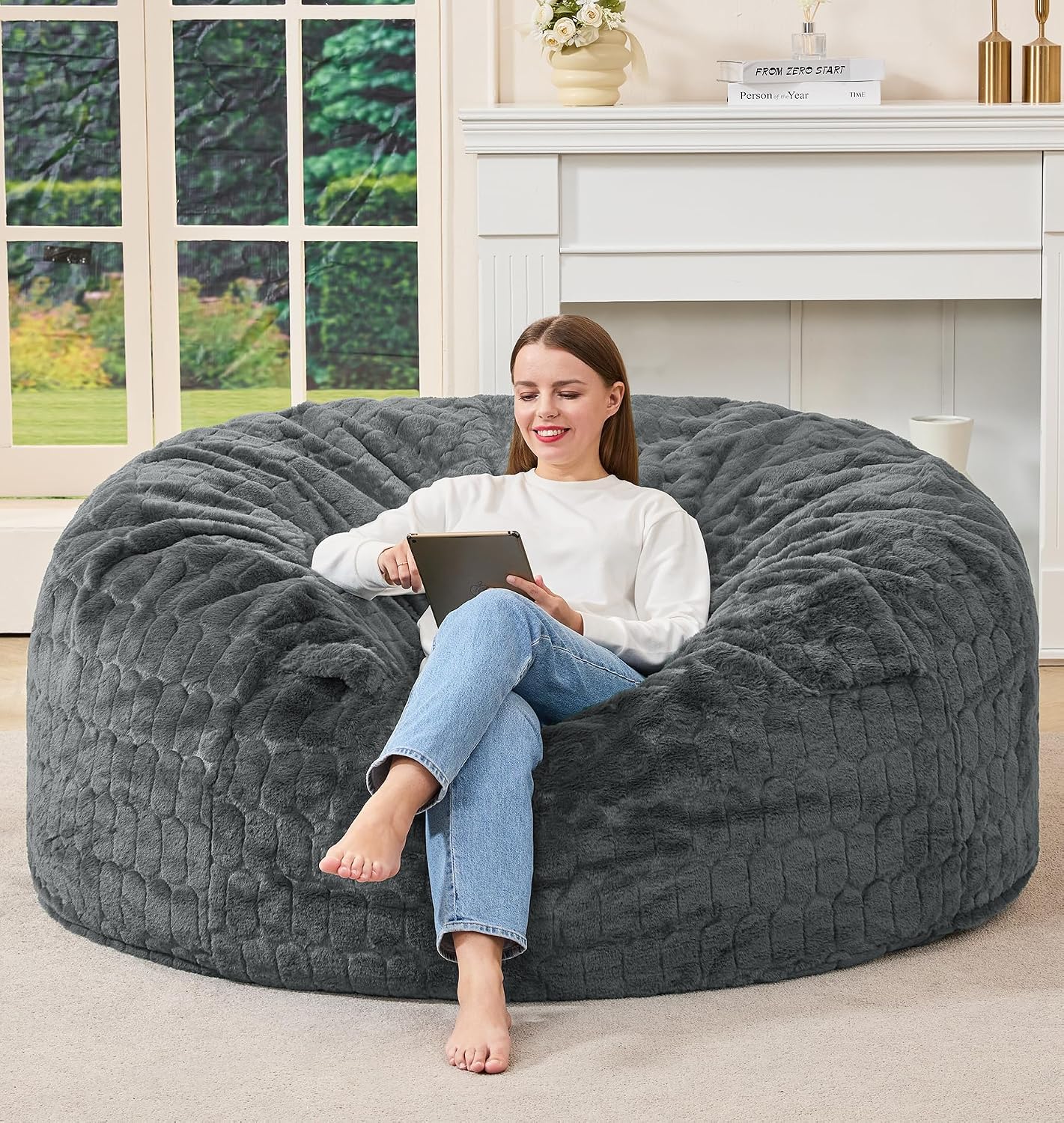 Hobestluk Adults Bean Bag Chair 5FT Big BeanBag Chair Giant Large Oversized | Memory Foam,Washable Cover,Unique Fluffy Plaid,Comfy Filled Big Bean Bag Lounging Gaming Bedroom Living Room | Dark Grey 5FT