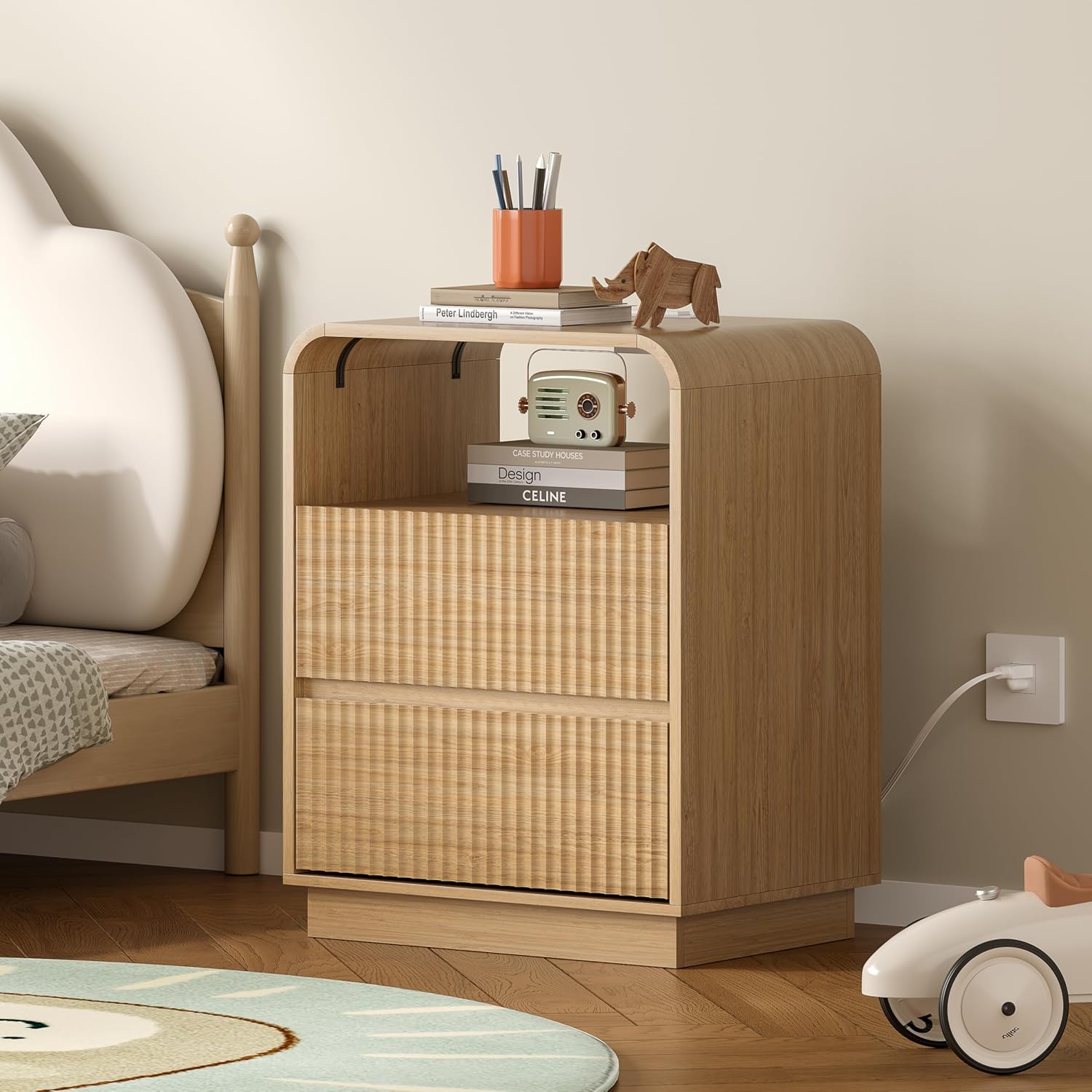 Dresser with 2 Drawers and Charging Station, Fluted Bedside Table with Round Curved Corner, Hidden Handles, 2 AC Outlets and 2 USB Ports, Modern Wood End Table with Open Shelf for Bedroom