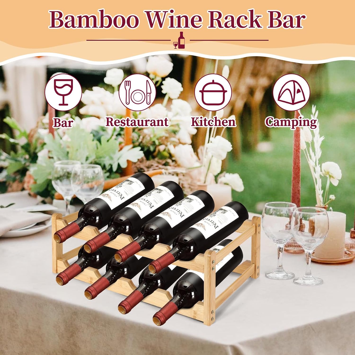 2 Pack Wine Racks, 2-Tire Bamboo Wine Rack, Wine Rack for Inside Cabinet 16 Bottles Wine Storage Holder Liquor Bottle Display Shelf Suitable for Bar,Home,Kitchen,Cellar Basement,Restaurant