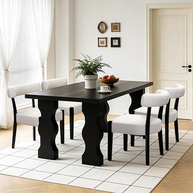 Modern Dining Chairs Set of 4, Upholstered Kitchen & Dining Room Chairs, Mid Century Modern Wooden Dining Chairs Oversized Sturdy Fabric Rounded Chairs Curved Back, Black and Beige