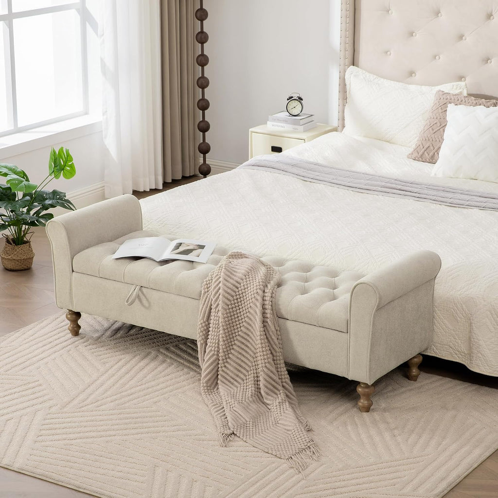 65.7" End of Bed Storage Bench King Size for Bedroom Entryway, Beige | Ottoman with storage for living room, tufted upholstered ottoman bench, wood legs, dual lids, rolled armrest, large capacity