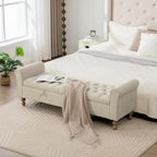65.7" End of Bed Storage Bench King Size for Bedroom Entryway, Beige | Ottoman with storage for living room, tufted upholstered ottoman bench, wood legs, dual lids, rolled armrest, large capacity
