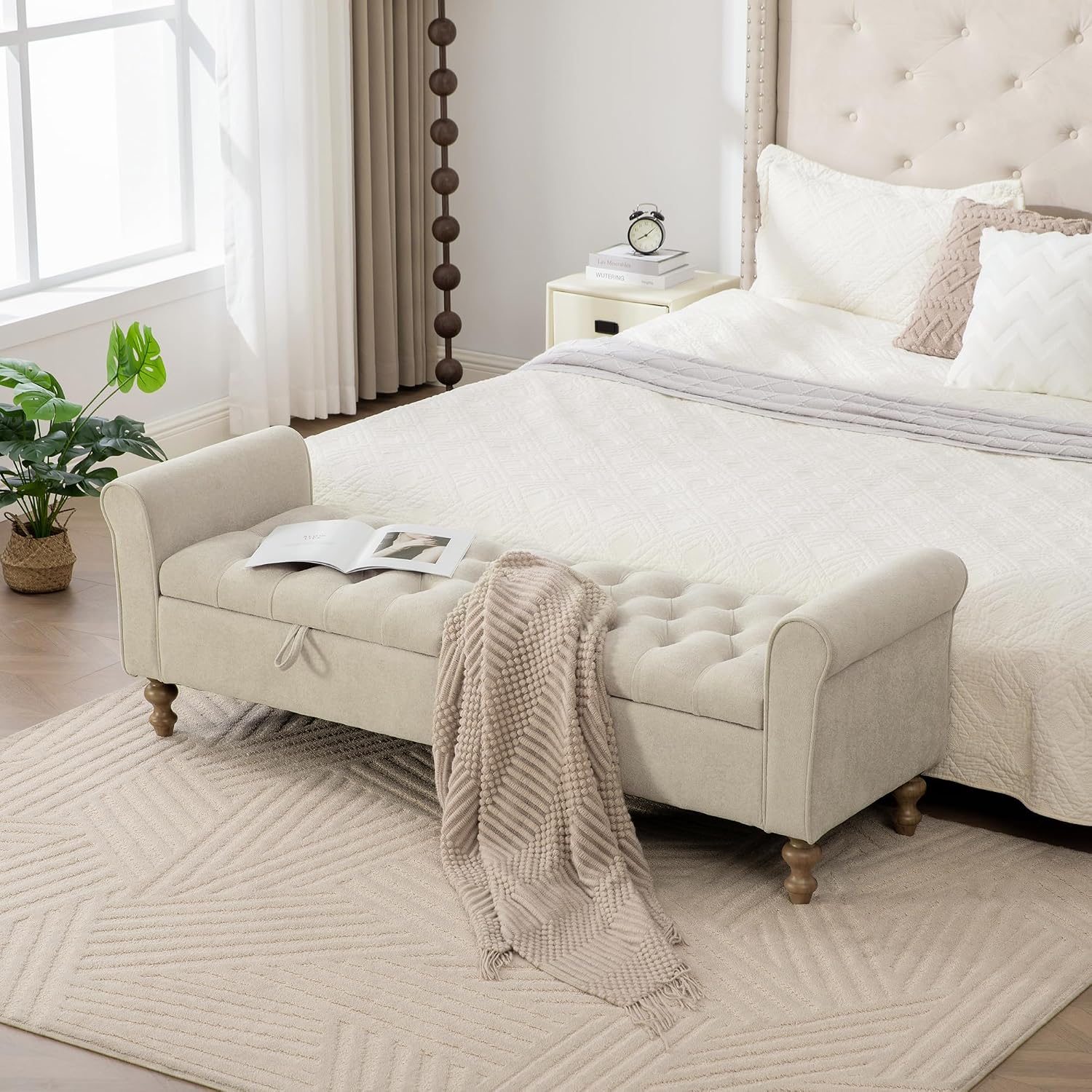 65.7" End of Bed Storage Bench King Size for Bedroom Entryway, Beige | Ottoman with storage for living room, tufted upholstered ottoman bench, wood legs, dual lids, rolled armrest, large capacity