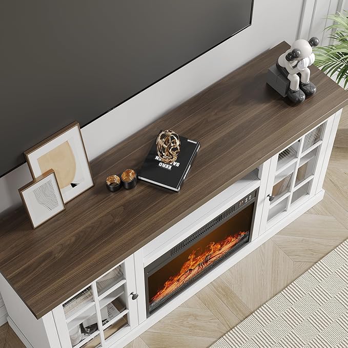 ONBRILL 59 Inch Fireplace TV Stand, Entertainment Center with 23 Inch Electric Fireplace, TV Table for TVs up to 65 Inches, Media Console Cabinet with Storage and Glass Doors for Living Room, White