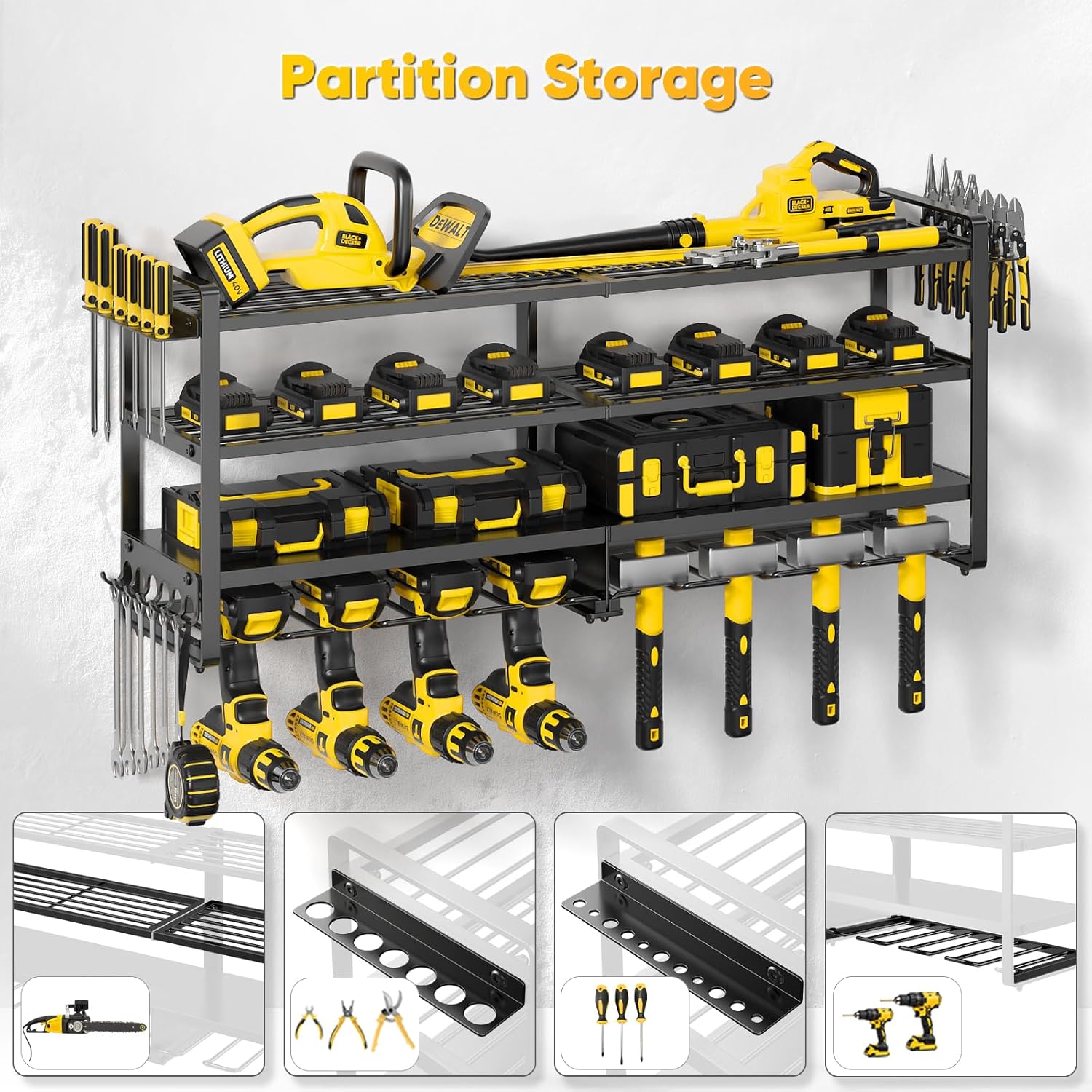 Large Power Tool Organizer Wall Mount,4 Layers Heavy Duty Metal Loads 400lbs,Power Tool Shelf Battery Storage with 8 Cordless Drill Holder,Utility Racks for Garage Workshop