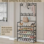 Coat Rack Shoe Rack With Storage Shelf Freestanding with 8 Hooks for Entryway Bedroom Closet 4 Tier, Black