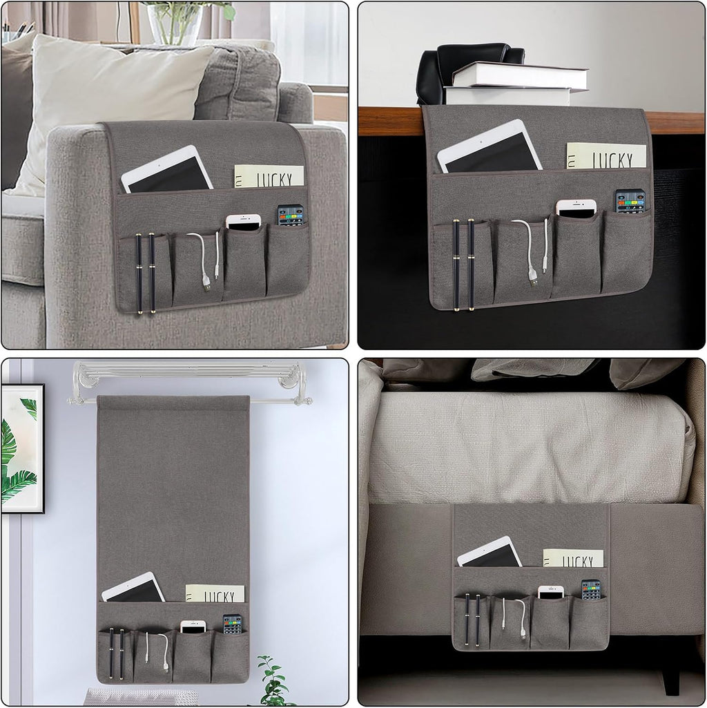 NB Sofa Armrest Organize remote holder bedside caddy organizer with 5 pockets，non-slip couch remote control holder couch armchair caddy accessories (Dark Grey, 35''x18'')