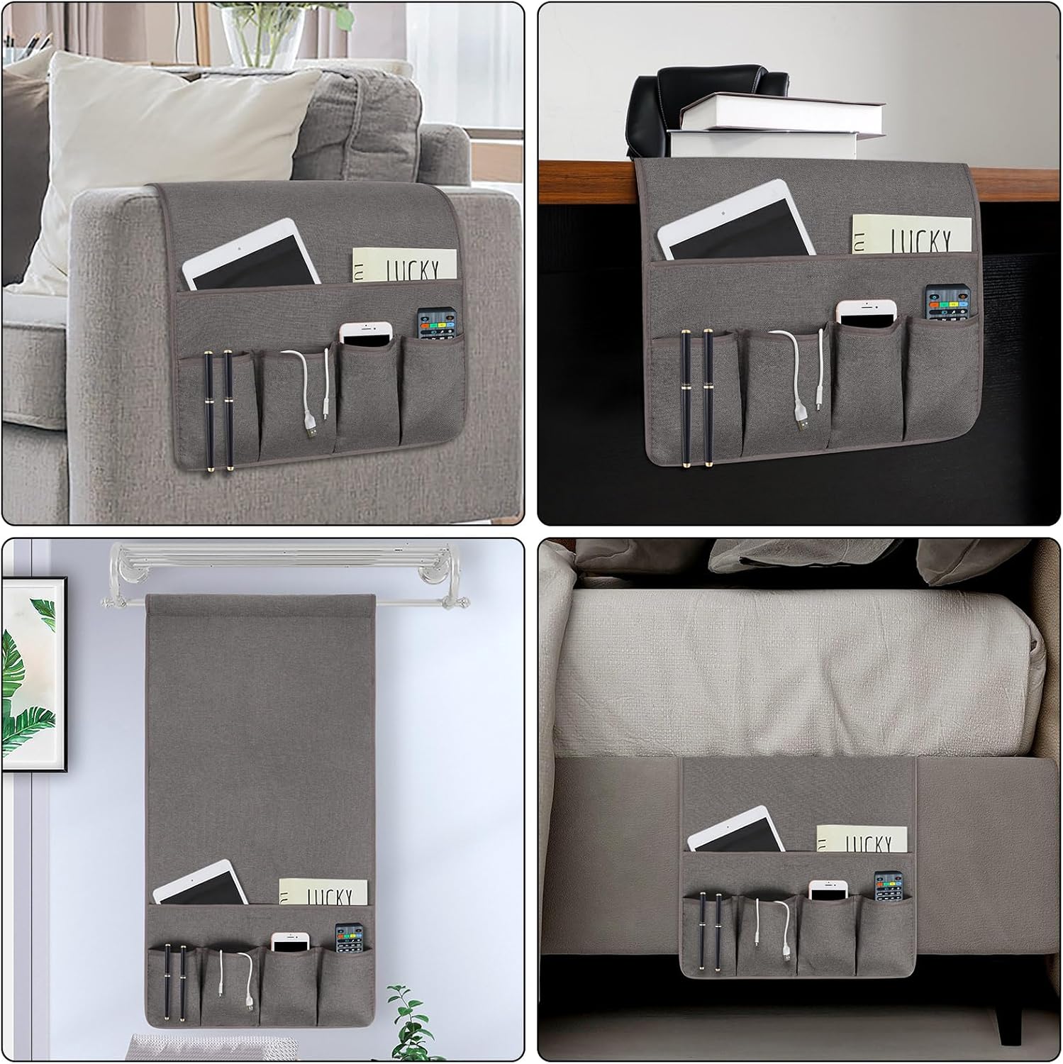 NB Sofa Armrest Organize remote holder bedside caddy organizer with 5 pockets，non-slip couch remote control holder couch armchair caddy accessories (Dark Grey, 35''x18'')